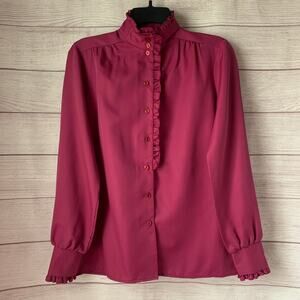 Vintage Styled by Terry Berry Pink Button Down Blouse Ruffle Detail Mock Neck